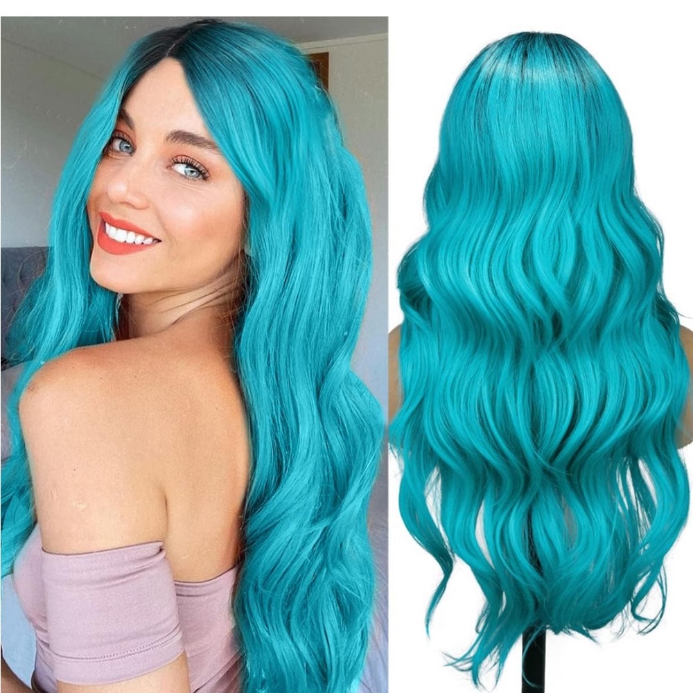 Teal Ombre Wig 2 Tones Dark Roots Synthetic with wig cap